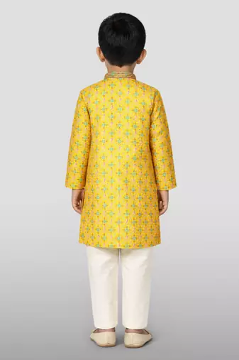 Boys yellow linen slub kurta pyjama set