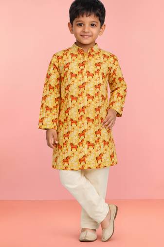 Boys yellow linen slub animal print kurta pyjama set