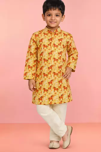 Boys yellow linen slub animal print kurta pyjama set