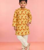 Boys yellow linen slub animal print kurta pyjama set