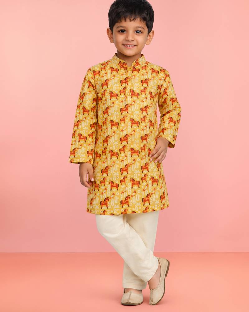 Boys yellow linen slub animal print kurta pyjama set