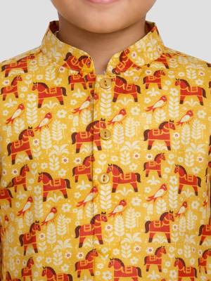 Boys yellow linen slub animal print kurta pyjama set 2