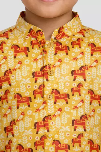 Boys yellow linen slub animal print kurta pyjama set