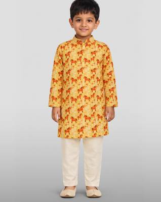 Boys yellow linen slub animal print kurta pyjama set 3