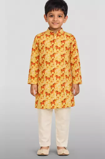 Boys yellow linen slub animal print kurta pyjama set