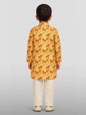 Boys yellow linen slub animal print kurta pyjama set 4