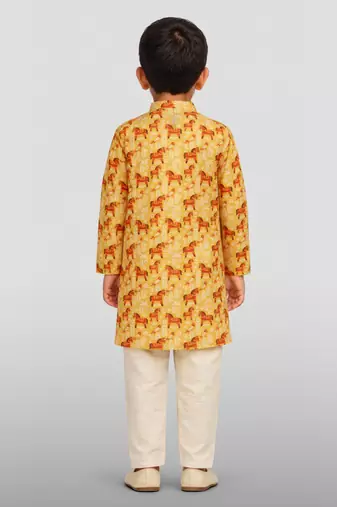 Boys yellow linen slub animal print kurta pyjama set