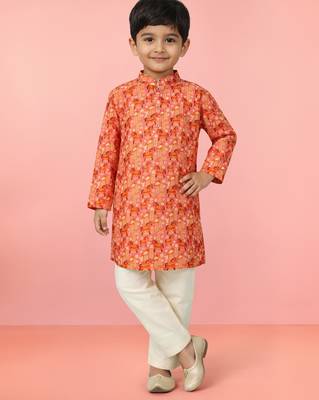 Boys peach linen slub animal print kurta pyjama set 1