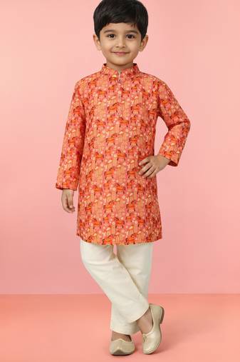 Boys peach linen slub animal print kurta pyjama set