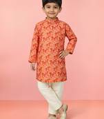 Boys peach linen slub animal print kurta pyjama set