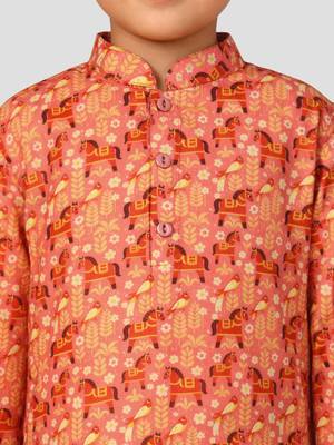 Boys peach linen slub animal print kurta pyjama set 2