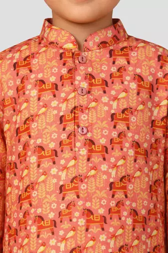 Boys peach linen slub animal print kurta pyjama set