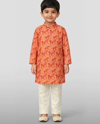 Boys peach linen slub animal print kurta pyjama set 3
