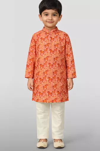 Boys peach linen slub animal print kurta pyjama set