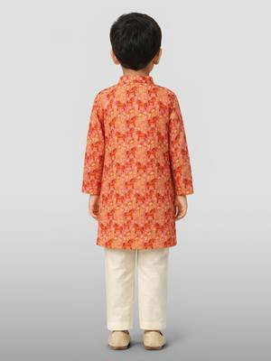 Boys peach linen slub animal print kurta pyjama set 4
