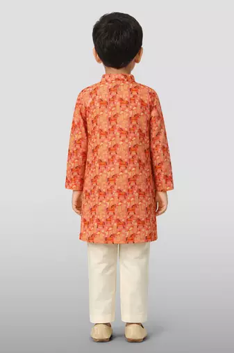 Boys peach linen slub animal print kurta pyjama set
