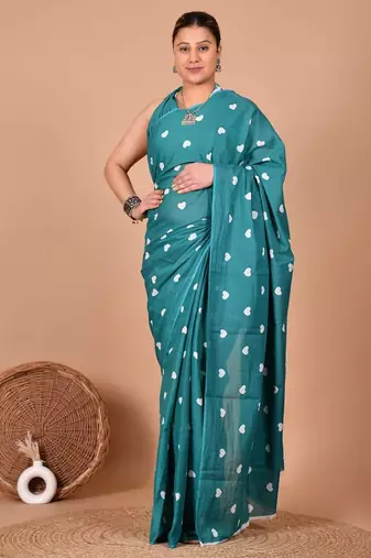Rama green soft mul cotton saree with unstiched attached blouse piece