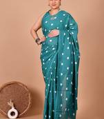 Rama green soft mul cotton saree with unstiched attached blouse piece