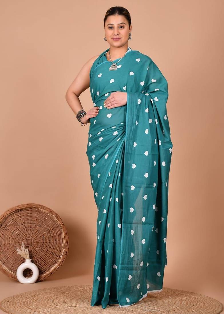 Rama green soft mul cotton saree with unstiched attached blouse piece