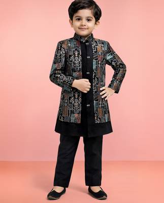 Boys multicolour velvet sequin embroidery attached jacket style sherwani set with pant 1
