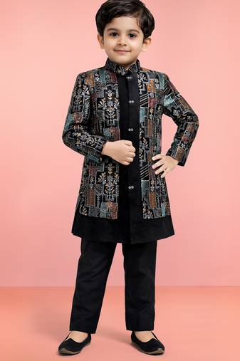 Boys multicolour velvet sequin embroidery attached jacket style sherwani set with pant