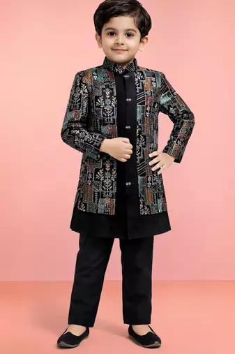 Boys multicolour velvet sequin embroidery attached jacket style sherwani set with pant