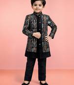 Boys multicolour velvet sequin embroidery attached jacket style sherwani set with pant