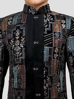 Boys multicolour velvet sequin embroidery attached jacket style sherwani set with pant 2