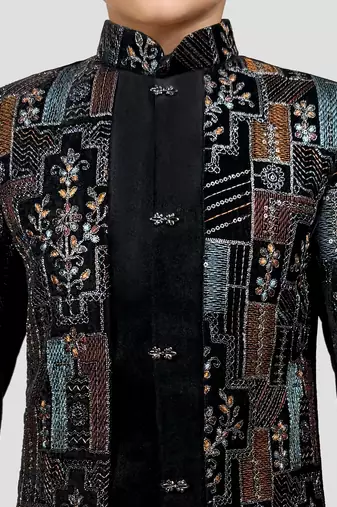 Boys multicolour velvet sequin embroidery attached jacket style sherwani set with pant