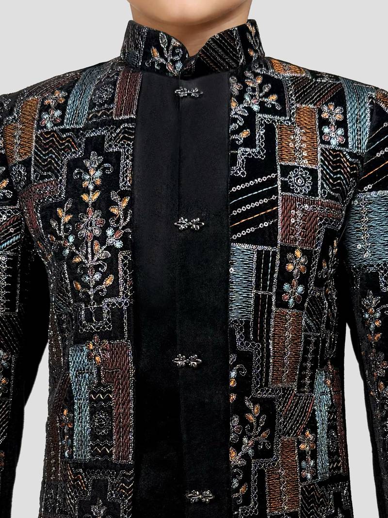 Boys multicolour velvet sequin embroidery attached jacket style sherwani set with pant