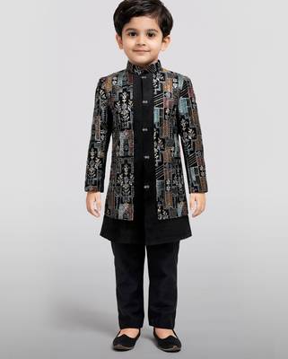 Boys multicolour velvet sequin embroidery attached jacket style sherwani set with pant 3
