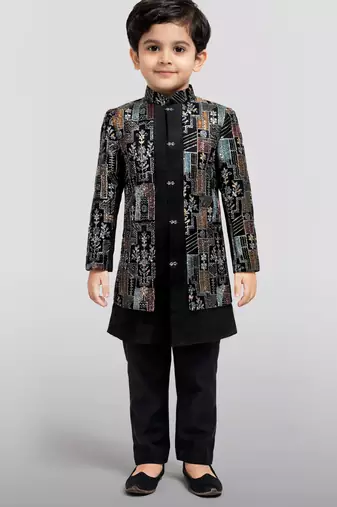 Boys multicolour velvet sequin embroidery attached jacket style sherwani set with pant
