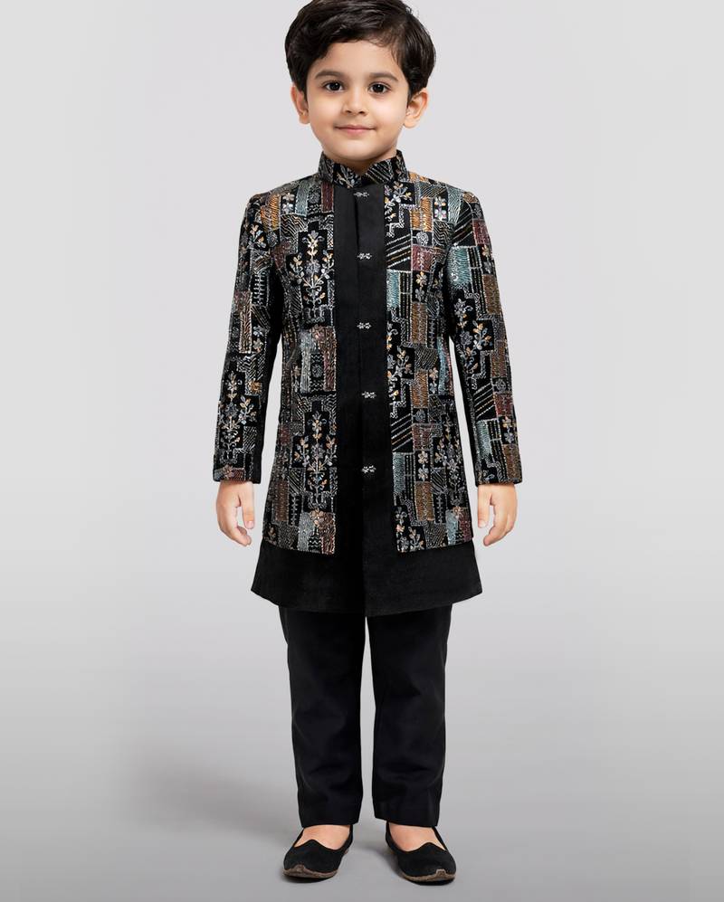 Boys multicolour velvet sequin embroidery attached jacket style sherwani set with pant