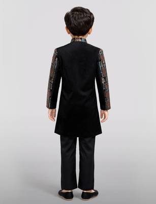 Boys multicolour velvet sequin embroidery attached jacket style sherwani set with pant 4
