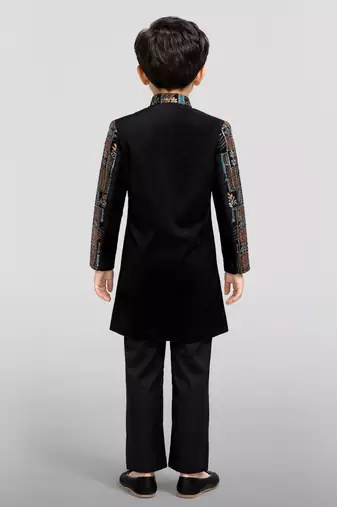 Boys multicolour velvet sequin embroidery attached jacket style sherwani set with pant
