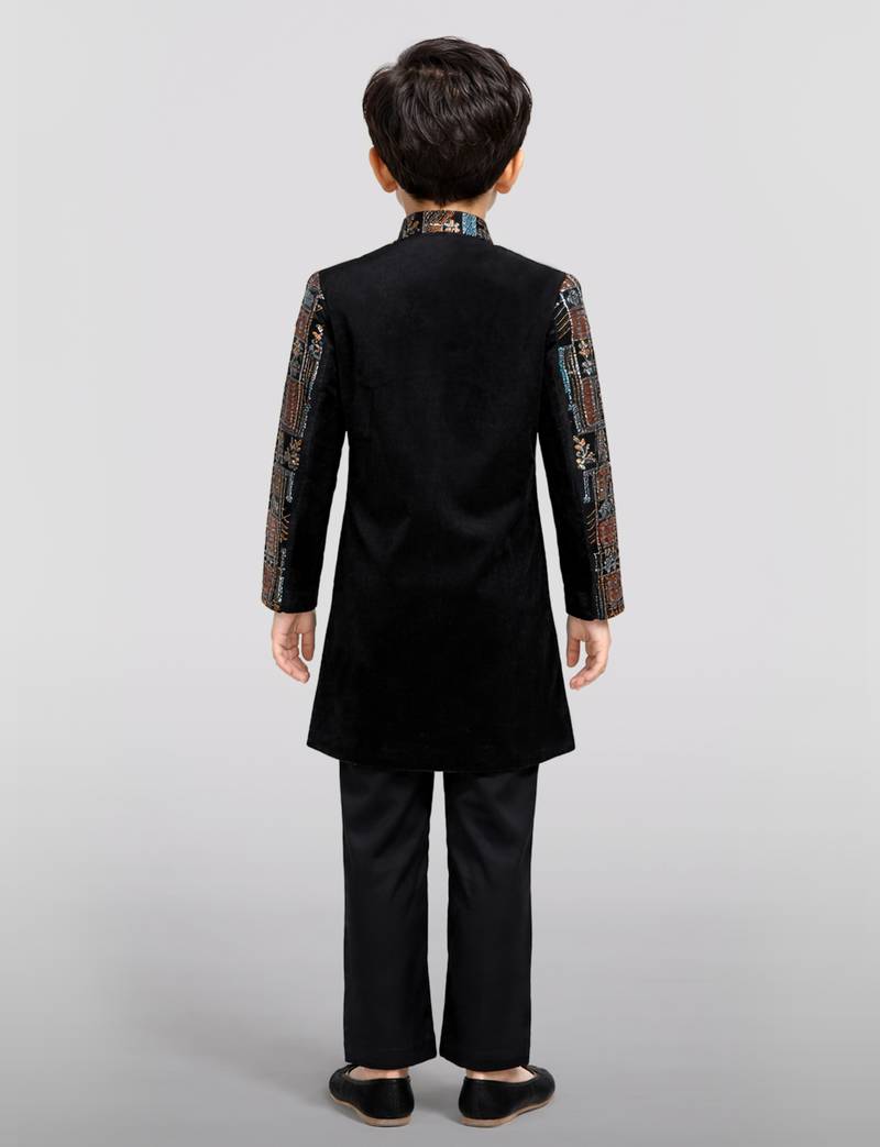 Boys multicolour velvet sequin embroidery attached jacket style sherwani set with pant