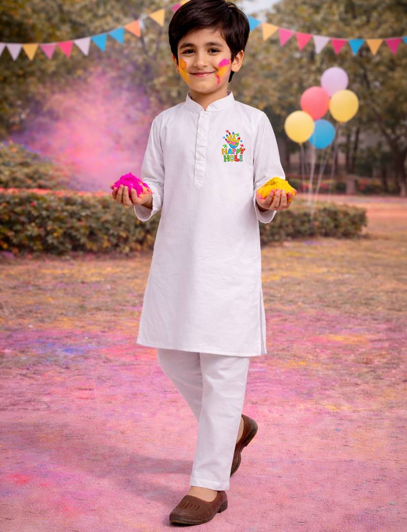 Boys white pure cotton kurta pyjama set - holi special