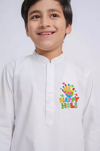 Boys white pure cotton kurta pyjama set - holi special