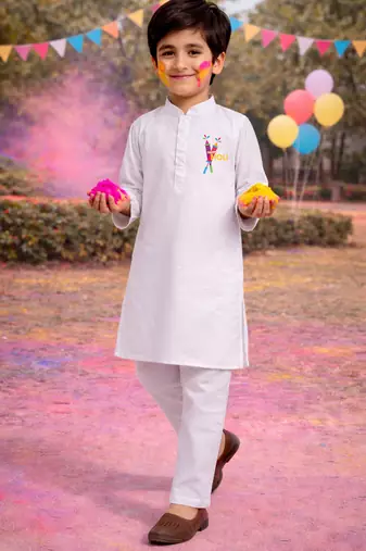 Boys white pure cotton kurta pyjama set - holi special