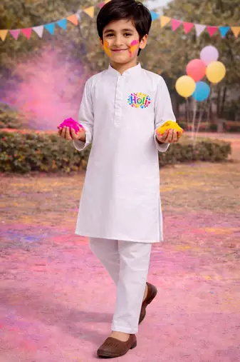 Boys white pure cotton kurta pyjama set - holi special