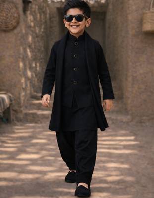 Boys black synthetic solid nehru jacket kurta patiala set with dupatta 1