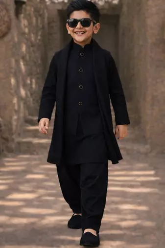 Boys black synthetic solid nehru jacket kurta patiala set with dupatta