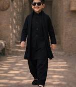 Boys black synthetic solid nehru jacket kurta patiala set with dupatta