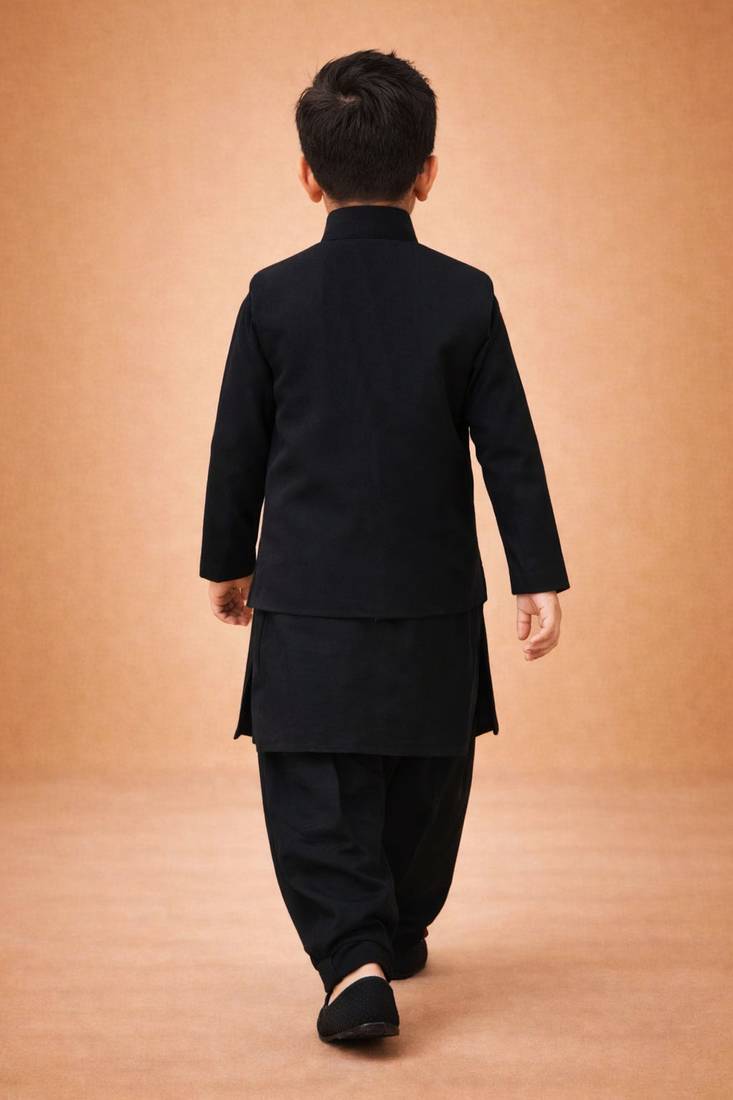 Boys black synthetic solid nehru jacket kurta patiala set with dupatta