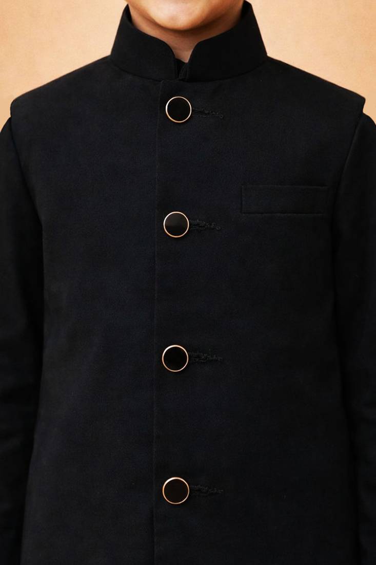 Boys black synthetic solid nehru jacket kurta patiala set with dupatta