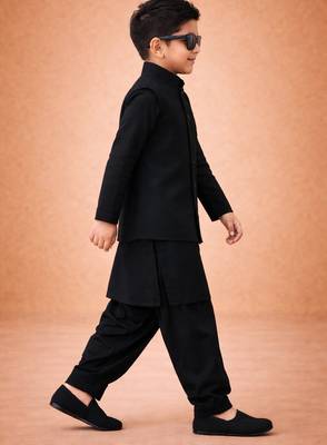 Boys black synthetic solid nehru jacket kurta patiala set with dupatta 4