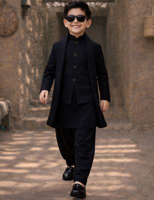 Boys black synthetic solid jodhpuri jacket kurta patiala set with dupatta 1