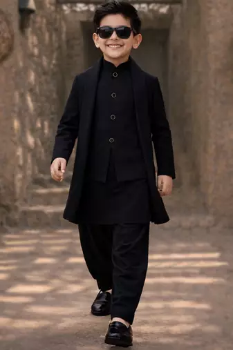 Boys black synthetic solid jodhpuri jacket kurta patiala set with dupatta