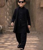 Boys black synthetic solid jodhpuri jacket kurta patiala set with dupatta