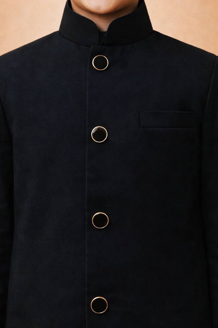 Boys black synthetic solid jodhpuri jacket kurta patiala set with dupatta
